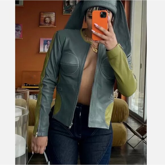 The Glamour Blueprint Trieze Biker Jacket Lambskin Leather Gray Green Women's L - Picture 2 of 12